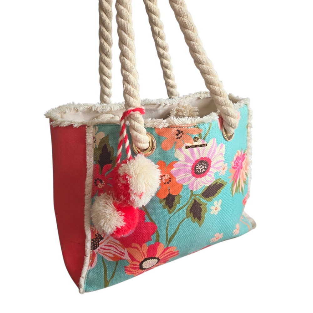 Spartina 449 Floral Canvas Beach Tote Bag Rope Handles Pom Poms Turquoise Red